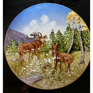 Vintage Schramberg Majolica Wall Plaque Plate Hand-Painted Deer  1950s Germany